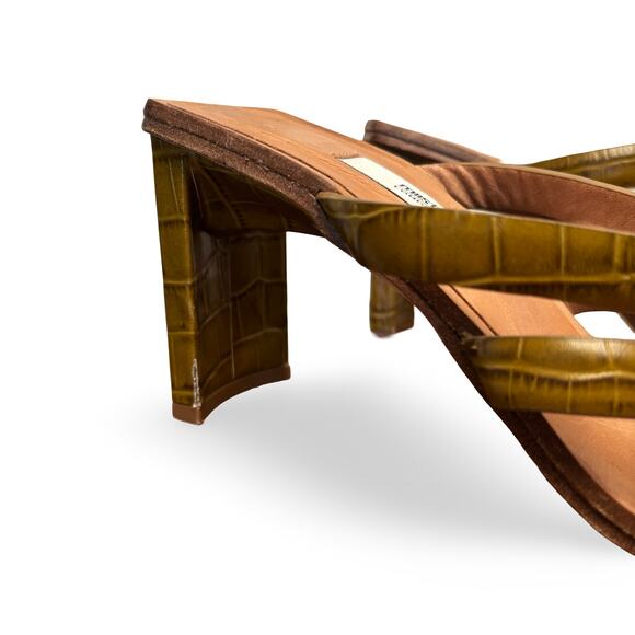 Miista Croc Embossed Olive Green Strappy Split Square Toe Heels Size 38 - Picture 4 of 9